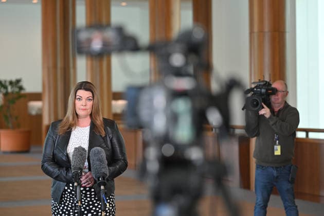SARAH HANSON YOUNG PRESSER, Greens Senator Sarah Hanson-Young speaks to journalists at a press conference at Parliament House in Canberra, Monday, July 20, 2026. ( NO ARCHIVING CANBERRA AUSTRALIAN CAPITAL TERRITORY AUSTRALIA  Copyright: xMICKxTSIKASx 20260720116256209582