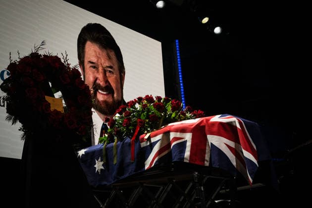 DERRYN HINCH STATE FUNERAL, Derryn Hinch™s coffin onstage during a State Funeral Service for Derryn Hinch at the Timber Yard, Melbourne, Monday, July 20, 2026. . Outspoken media figure and former senator Derryn Hinch has died at the age of 82 after a long and public health battle. ( NO ARCHIVING MELBOURNE VICTORIA AUSTRALIA  Copyright: xCHRISTOPHERxHOPKINSx 20260720122916247820