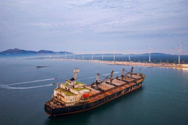 WEIHAI, CHINA - JULY 19: A view of the stranded Blueways ship against the sunset glow on July 19, 2026 in Weihai, Shandong Province of China. The vessel was stranded off the coast of Weihai and has become a popular spot for visitors.  Copyright: xVCGx 111655336160
