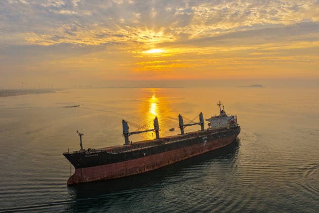 WEIHAI, CHINA - JULY 19: A view of the stranded Blueways ship against the sunset glow on July 19, 2026 in Weihai, Shandong Province of China. The vessel was stranded off the coast of Weihai and has become a popular spot for visitors.  Copyright: xVCGx 111655336152