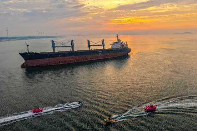 WEIHAI, CHINA - JULY 19: A view of the stranded Blueways ship against the sunset glow on July 19, 2026 in Weihai, Shandong Province of China. The vessel was stranded off the coast of Weihai and has become a popular spot for visitors.  Copyright: xVCGx 111655336153