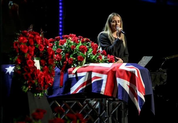 DERRYN HINCH STATE FUNERAL, Ellie O Connell during a State Funeral Service for Derryn Hinch at the Timber Yard, Melbourne, Monday, July 20, 2026. . Outspoken media figure and former senator Derryn Hinch has died at the age of 82 after a long and public health battle. ( NO ARCHIVING MELBOURNE VICTORIA AUSTRALIA  Copyright: xEDDIExJIMx 20260720135198654203