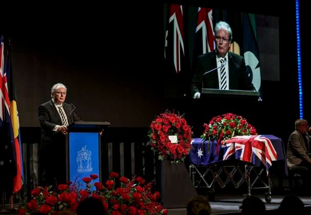 DERRYN HINCH STATE FUNERAL, Darren James during a State Funeral Service for Derryn Hinch at the Timber Yard, Melbourne, Monday, July 20, 2026. . Outspoken media figure and former senator Derryn Hinch has died at the age of 82 after a long and public health battle. ( NO ARCHIVING MELBOURNE VICTORIA AUSTRALIA  Copyright: xEDDIExJIMx 20260720127963480023