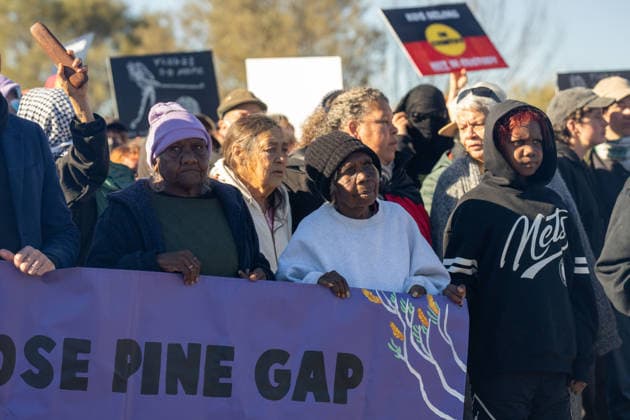CLOSE PINE GAP PROTEST ALICE SPRINGS, Hundreds of protesters convoy during the three-day Close Pine Gap symposium in Alice Springs, Northern Territory, Monday, July 20, 2026. Those gathered are calling for the closure of the US military intelligence base Pine Gap, for an end to the US alliance, and for the sacred land the base occupies to be returned to Arrernte custodians, who never consented to the base. ( NO ARCHIVING ALICE SPRINGS NORTHERN TERRITORY AUSTRALIA  Copyright: xRHETTxHAMMERTONx 20260720125160055758