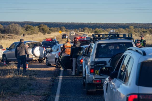 CLOSE PINE GAP PROTEST ALICE SPRINGS, Hundreds of protesters convoy during the three-day Close Pine Gap symposium in Alice Springs, Northern Territory, Monday, July 20, 2026. Those gathered are calling for the closure of the US military intelligence base Pine Gap, for an end to the US alliance, and for the sacred land the base occupies to be returned to Arrernte custodians, who never consented to the base. ( NO ARCHIVING ALICE SPRINGS NORTHERN TERRITORY AUSTRALIA  Copyright: xRHETTxHAMMERTONx 20260720129496565170