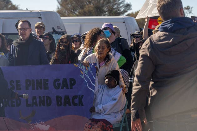 CLOSE PINE GAP PROTEST ALICE SPRINGS, Hundreds of protesters convoy during the three-day Close Pine Gap symposium in Alice Springs, Northern Territory, Monday, July 20, 2026. Those gathered are calling for the closure of the US military intelligence base Pine Gap, for an end to the US alliance, and for the sacred land the base occupies to be returned to Arrernte custodians, who never consented to the base. ( NO ARCHIVING ALICE SPRINGS NORTHERN TERRITORY AUSTRALIA  Copyright: xRHETTxHAMMERTONx 20260720165197627657