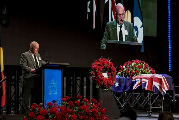 DERRYN HINCH STATE FUNERAL, Dermot O Brien during a State Funeral Service for Derryn Hinch at the Timber Yard, Melbourne, Monday, July 20, 2026. . Outspoken media figure and former senator Derryn Hinch has died at the age of 82 after a long and public health battle. ( NO ARCHIVING MELBOURNE VICTORIA AUSTRALIA  Copyright: xEDDIExJIMx 20260720186993106640