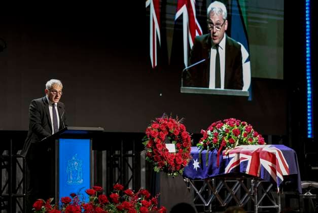 DERRYN HINCH STATE FUNERAL, Danny Pearson MP during a State Funeral Service for Derryn Hinch at the Timber Yard, Melbourne, Monday, July 20, 2026. . Outspoken media figure and former senator Derryn Hinch has died at the age of 82 after a long and public health battle. ( NO ARCHIVING MELBOURNE VICTORIA AUSTRALIA  Copyright: xEDDIExJIMx 20260720173458506903