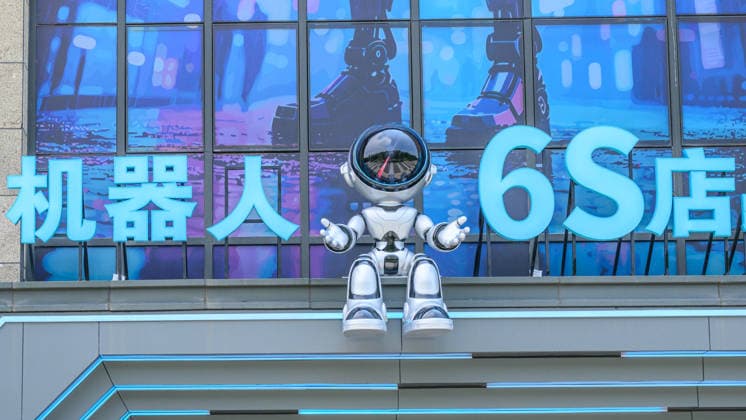 KUNSHAN, CHINA - JULY 19: Exterior view of a robot 6S store on its opening day on July 19, 2026 in Kunshan, Jiangsu Province of China. The store offers integrated sales, spare parts, after-sales service, feedback, leasing, and customization services while serving as a hub for humanoid robots, drones, training, and industry incubation.  Copyright: xVCGx 111655192652