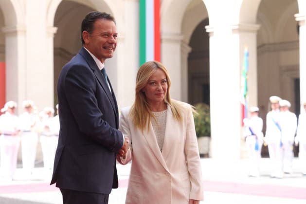 IPA86840324 - Rome, Italy, July 20, 2026: Prime Minister Giorgia Meloni welcomes Portuguese Prime Minister Luis Montenegro to Palazzo Chigi for an official meeting focused on key European issues and cooperation between Italy and Portugal.  Copyright: xmarcoxiacobuccix xmarcoxiacobuccix 86840324