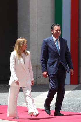 IPA86840331 - Rome, Italy, July 20, 2026: Prime Minister Giorgia Meloni welcomes Portuguese Prime Minister Luis Montenegro to Palazzo Chigi for an official meeting focused on key European issues and cooperation between Italy and Portugal.  Copyright: xmarcoxiacobuccix xmarcoxiacobuccix 86840331
