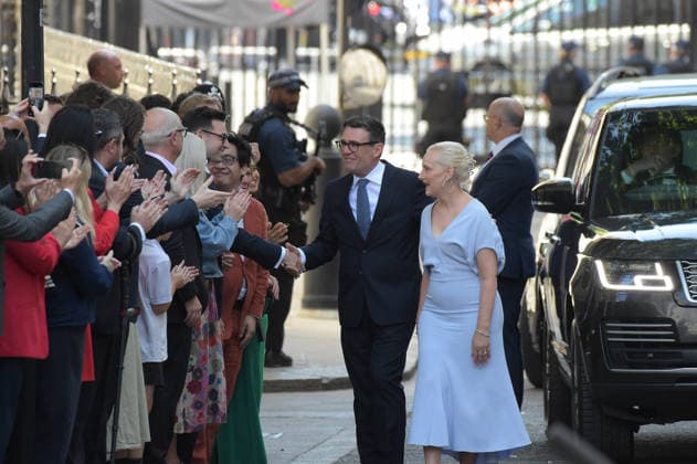 Andy Burnham Prime Minister Andy Burnham gives his first address as the 59th Prime Minister of the UK outside No10 Downing Street London UK with his wife Marie-France van Heel. London Westminster UK Copyright: xMartinxDaltonx Politicians_London_200726_MD_026