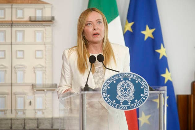 IPA86842915 - Rome, Palazzo Chigi: The Prime Minister receives the Prime Minister of Portugal; pictured: Giorgia Meloni  Copyright: xSTEFANOxCAROFEIx xSTEFANOxCAROFEIx xFOTOGRAMMAx 86842915