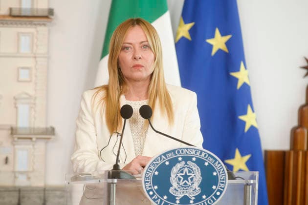 IPA86842940 - Rome, Palazzo Chigi: The Prime Minister receives the Prime Minister of Portugal; pictured: Giorgia Meloni  Copyright: xSTEFANOxCAROFEIx xSTEFANOxCAROFEIx xFOTOGRAMMAx 86842940