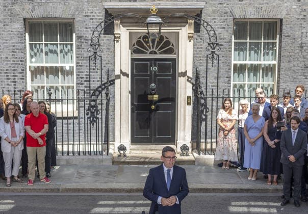 Keir Starmer formally resigns as UK prime minister LONDON, UK - JULY 20: Britain’s new Prime Minister Andy Burnham delivers his first speech outside 10 Downing Street in central London after being invited by King Charles III to form a new government. Marcin Nowak Anadolu London United Kingdom. Editorial use only. Please get in touch for any other usage.  Copyright: x2026xAnadoluxMarcinxNowakx