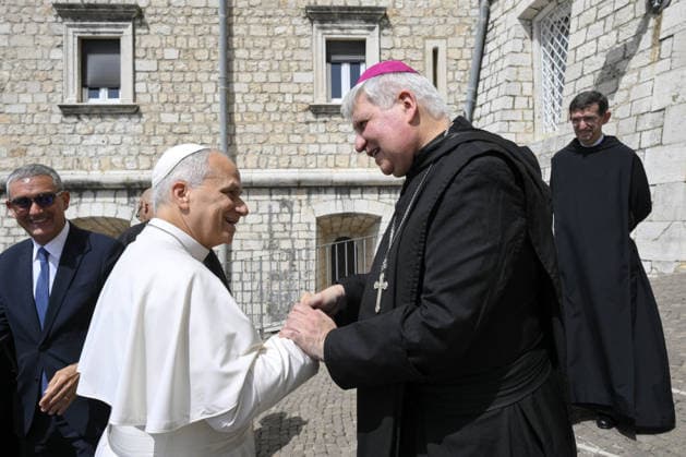 Pope Leo XIV Visits The Abbey Of Montecassino - Italy Pope Leo XIV visits the Abbey of Montecassino, central Italy, on July 20, 2026. Pope Leo XIV paid a private visit to the Abbey of Montecassino and its monastic community and prayed for peace at the tomb of St. Benedict. The Abbey of Montecassino is a Benedictine monastery on a rocky hill about 130 kilometres southeast of Rome. It was the first monastery of the Benedictine order, founded by the saint himself in 529. In 1944, during World War II, it was the site of the Battle of Monte Cassino, when the building was destroyed by Allied bombing. It was rebuilt after the war. Photo by (EV) Simone Risoluti Vatican Media ABACAPRESS.COM Montecassino Italy  Copyright: xABACAx