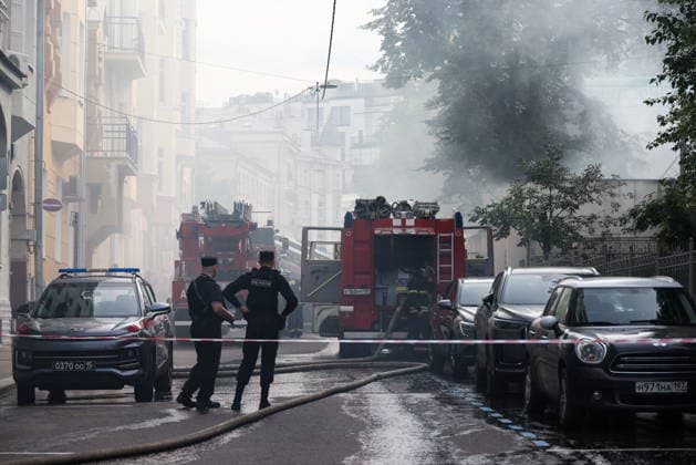 RUSSIA, MOSCOW - JULY 20, 2026: Emergency services at the scene of a fire covering an area of 250sqm at the Naryshkin Country Estate in Kuntsevo, western Moscow. The affected building is currently out of operation. Artyom Geodakyan TASS  95262244