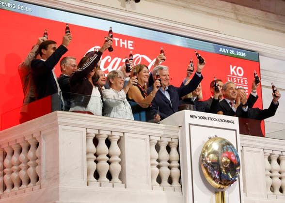 Representatives of the Coca-Cola Company ring the opening bell at the New York Stock Exchange on Wall Street on Monday, July 20, 2026 in New York City. The S&P 500 and Nasdaq Composite began the day higher on Monday and oil prices fluctuated in response to the latest bout of military exchanges between the U.S. and Iran.  NYP20260720103 JOHNxANGELILLO