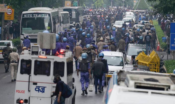 NEW DELHI, INDIA - JULY 20: Security personnel carry out Lathi charge during CJP protest March to near the Parliament on July 20, 2026 in New Delhi, India. (Photo by Raj K Raj Hindustan Times) Delhi Police And Protestors Injured In Clash During Protest March