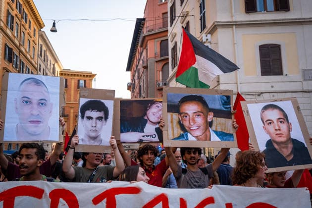 July 20, 2026, Rome, Rm, Italy: Hundreds gathered in front of the Interior Ministry to protest the death of Abderrahim Fakir during his arrest by two police officers. Participants show the images of (from the left): Abderrahim Fakir, Federico Aldrovandi, Gabriele Sandri, Stefano Cucchi, Carlo Giuliani, all victims during arrest, custody or clashes with the police. Rome Italy - ZUMAg256 20260720_znp_g256_003 Copyright: xMarcoxDixGianvitox