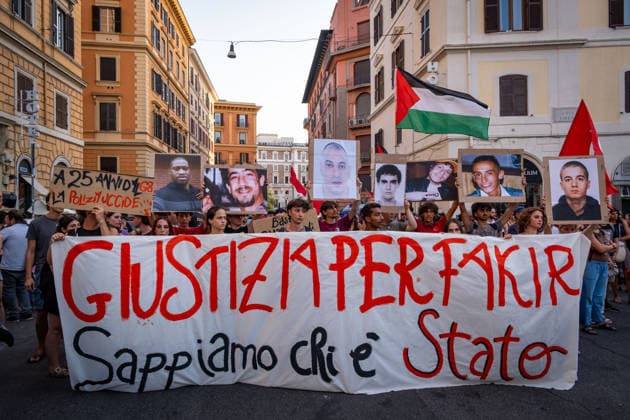 July 20, 2026, Rome, Rm, Italy: Hundreds gathered in front of the Interior Ministry to protest the death of Abderrahim Fakir during his arrest by two police officers. Justice for Fakir, we know who did it reads the banner. Participants show the images of (from the left): George Floyd, Giuseppe Uva, Abderrahim Fakir, Federico Aldrovandi, Gabriele Sandri, Stefano Cucchi, Carlo Giuliani, all victims during arrest, custody or clashes with the police. Rome Italy  - ZUMAg256 20260720_znp_g256_002 Copyright: xMarcoxDixGianvitox