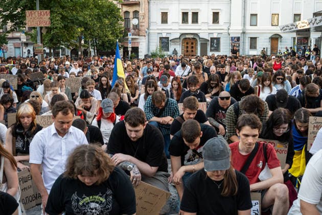 Ukrainians protest against the dismissal of Defense Minister Fedorov in Kyiv KYIV, UKRAINE - JULY 20: People attend a rally to protest the dismissal of defense minister of Ukraine Mykhailo Fedorov after being at post for 6 months in Kyiv, Ukraine, on July 20, 2026. Protesters also demand the dismissal of Commander-in-Chief of the Afrmed Forces of Ukraine Oleksandr Syrskyi and the reform of the Ukrainian army. Danylo Antoniuk Anadolu Kyiv Ukraine. Editorial use only. Please get in touch for any other usage.  Copyright: x2026xAnadoluxDanyloxAntoniukx