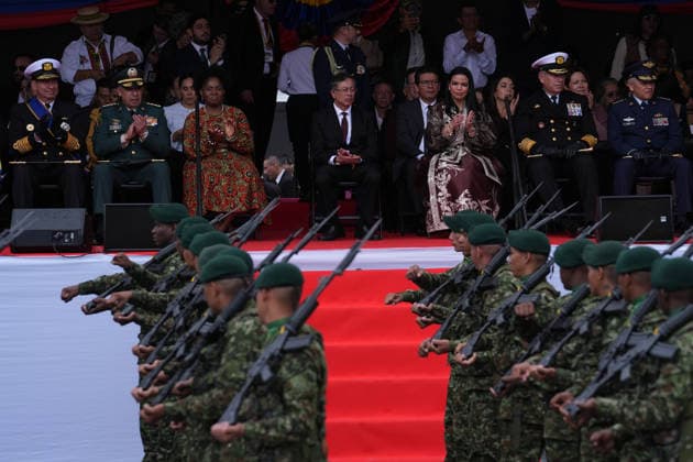 Colombia s Independence Day Parade in Bogota BOGOTA, COLOMBIA - JULY 20: Colombian President Gustavo Petro is seen during the Independence Day military parade in Bogota, Colombia, on July 20, 2026. Petro said the ceremony would mark his final public appearance before leaving office. During the event, a crowd breached the first security perimeter and surged toward the main stage, while a group of demonstrators surrounded and verbally harassed members of the press. Several people climbed onto the platform designated for journalists, prompting reporters from multiple media outlets to report insufficient crowd-control measures and to leave the area under escort by the Colombian National Police. Juancho Torres Anadolu Bogota Colombia. Editoria  Copyright: x2026xAnadoluxJuanchoxTorresx
