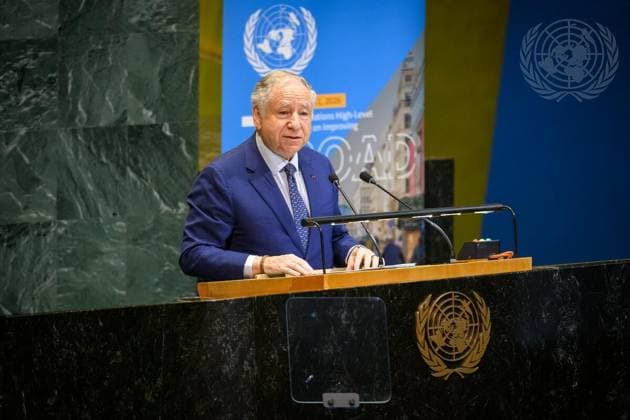 (260721) -- UNITED NATIONS, July 21, 2026 -- Jean Todt, special envoy of the UN secretary-general for road safety, addresses the General Assembly high-level meeting on improving global road safety at the UN headquarters in New York, July 20, 2026. The UN General Assembly adopted a draft resolution on Monday reaffirming the global target of reducing road traffic deaths and injuries by at least 50 percent by 2030 and committing to take the necessary measures to achieve the goals. ( Handout via Xinhua) UN-GENERAL ASSEMBLY-ROAD SAFETY-DRAFT RESOLUTION-ADOPTION LoeyxFelipe UNxPhoto 