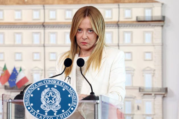 July 20, 2026, Rome, Italy: Prime Minister Giorgia Meloni seen during the joint statements with Luis Montenegro (not in view). Prime Minister Giorgia Meloni welcomed the Portuguese Prime Minister Luis Montenegro to Palazzo Chigi for an institutional meeting dedicated to key European issues and cooperation between Italy and Portugal. A document was signed to strengthen political dialogue. A â‚¬3 billion agreement has been reached to supply three Italian frigates to the Portuguese Navy. Rome Italy  - ZUMAs197 20260720_aaa_s197_222 Copyright: xMarcoxIacobuccix