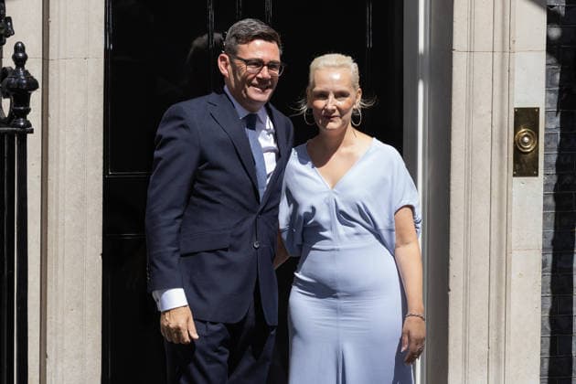 Prime Minister Andy Burnham Makes His First Speech as PM in London - 20 Jul 2026 Prime Minister Andy Burnham and his wife Marie France Van Heel seen outside the door of Number 10 in Downing Street, London. As the new Labour leader and leader of the party in government, Burnham was invited by King Charles III to form an administration in his name after Keir Starmer tendered his resignation earlier today. London United Kingdom Copyright: xTejasxSandhux xSOPAxImagesx 7C3A2044