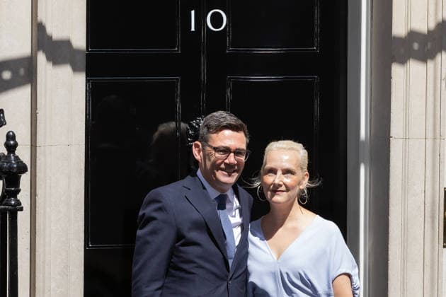 Prime Minister Andy Burnham Makes His First Speech as PM in London - 20 Jul 2026 Prime Minister Andy Burnham and his wife Marie France Van Heel seen outside the door of Number 10 in Downing Street, London. As the new Labour leader and leader of the party in government, Burnham was invited by King Charles III to form an administration in his name after Keir Starmer tendered his resignation earlier today. London United Kingdom Copyright: xTejasxSandhux xSOPAxImagesx 7C3A2052