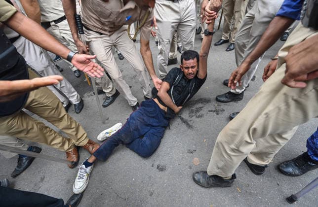 NEW DELHI, INDIA - JULY 20: Security personnel carry out Lathi charge during CJP protest March to near the Parliament House on July 20, 2026 in New Delhi, India. (Photo by Raj K Raj Hindustan Times) Delhi Police Use Lathi Charge And Tear Gas Shells To Disperse CJP Supporters During Their March To Parliament