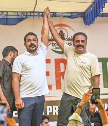 NEW DELHI, INDIA - JULY 20: Actor and activist Prakash Raj, along with Member of Parliament Chandrashekhar Azad, participates in a march towards Parliament organized by the Cockroach Janta Party (CJP) from Jantar Mantar on July 20, 2026 in New Delhi, India. The march drew thousands of supporters and activists and was held amid heightened security arrangements and extensive barricading along the route. (Photo by Sanchit Khanna Hindustan Times) Cockroach Janata Party Protest March To Parliament