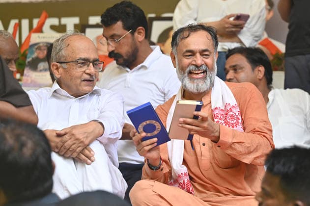 NEW DELHI, INDIA - JULY 20: Advocate Prashant Bhushan and political activist Yogendra Yadav participate in a march towards Parliament organized by the Cockroach Janta Party (CJP) from Jantar Mantar on July 20, 2026 in New Delhi, India. The leaders joined thousands of protesters and activists during the march, which was held amid heightened security arrangements and extensive barricading along the route. (Photo by Sanchit Khanna Hindustan Times) Cockroach Janata Party Protest March To Parliament