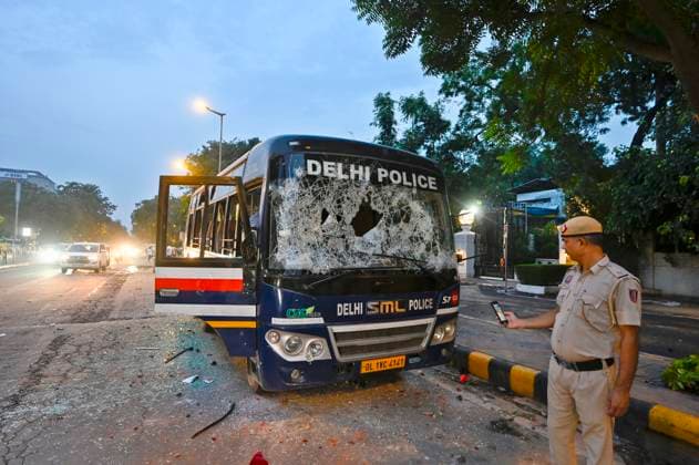 NEW DELHI, INDIA - JULY 20: Delhi Police vehicles vadalised by mob stone pelting following the Cockroach Janata Party (CJP) protest at Janpath on July 20, 2026 in New Delhi, India. (Photo by Sanjeev Verma Hindustan Times) Delhi Police Vehicles Damaged Following CJP Protest March