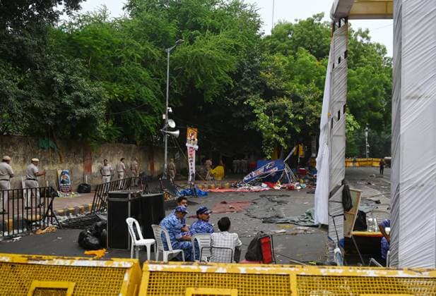 NEW DELHI, INDIA - JULY 20: Deserted look of Jantar Mantar after security personnel vacate the place of Protest site in the evening on July 20, 2026 in New Delhi, India. (Photo by Vipin Kumar Hindustan Times) Deserted Jantar Mantar After Security Personnel Vacate CJP Protest Site