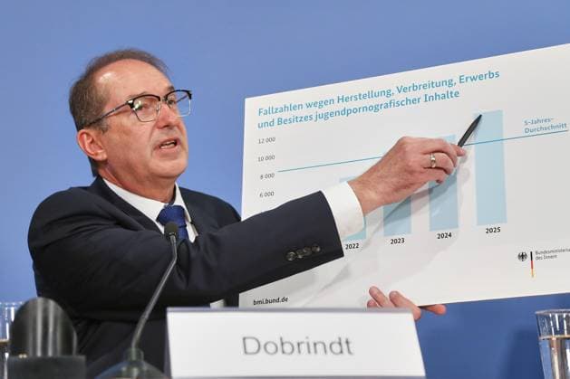 Berlin, Deutschland, 21.07.2026: Haus der Bundespressekonferenz: Bundeslagebild Sexualdelikte zum Nachteil von Kindern und Jugendlichen 2025: Bundesminister des Innern Alexander Dobrindt (CSU) hält eine Tafel hoch *** Berlin, Germany, July 21, 2026, Federal Press Conference Building, Federal Report on Sexual Offenses Against Children and Adolescents in 2025: Federal Minister of the Interior Alexander Dobrindt (CSU) holds up a sign Copyright: xdtsxNachrichtenagenturx dts_128071