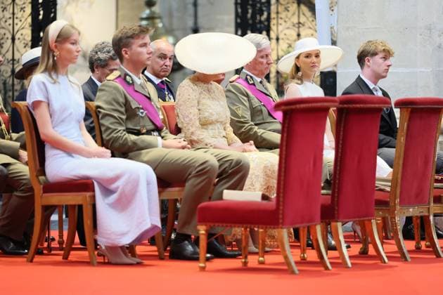 Princess Eleonore, Prince Gabriel, Queen Mathilde of Belgium, King Philippe - Filip of Belgium, Crown Princess Elisabeth and Prince Emmanuel pictured at the Te Deum mass, on the occasion of the Belgian National Day, at the Saint Michael and Saint Gudula Cathedral (Cathedrale des Saints Michel et Gudule Sint-Michiels- en Sint-Goedele kathedraal) in Brussels, Tuesday 21 July 2026.  BENOITxDOPPAGNE 181628989