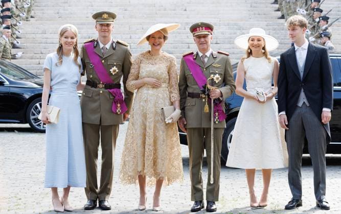 Princess Eleonore, Prince Gabriel, Queen Mathilde of Belgium, King Philippe - Filip of Belgium, Crown Princess Elisabeth and Prince Emmanuel pose for the photographer at the Te Deum mass, on the occasion of the Belgian National Day, at the Saint Michael and Saint Gudula Cathedral (Cathedrale des Saints Michel et Gudule Sint-Michiels- en Sint-Goedele kathedraal) in Brussels, Tuesday 21 July 2026.  BENOITxDOPPAGNE 181655125