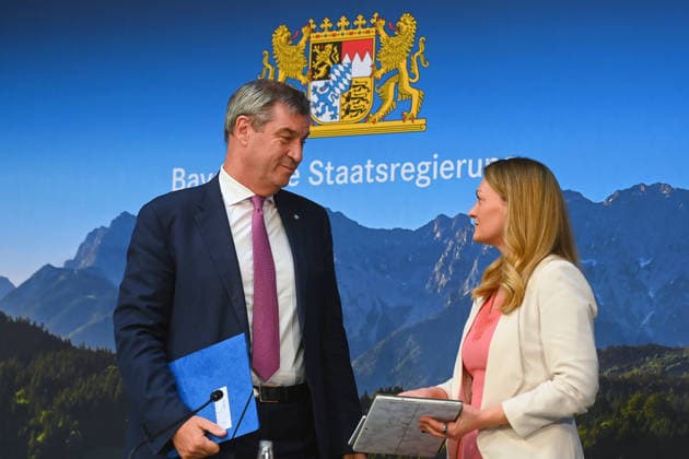 Markus SOEDER (Ministerpraesident Bayern und CSU Vorsitzender), Judith GERLACH (Staatsministerin fuer Gesundheit, Pflege und Praevention), Pressekonferenz der Bayerischen Staatsregierung nach Kabinettssitzung am 21.07.2026 im Prinz Carl Palais in Muenchen. *** Markus SOEDER, Minister-President of Bavaria and CSU Chairman; Judith GERLACH, Minister of State for Health, Long-Term Care, and Prevention; Press conference of the Bavarian State Government following the cabinet meeting on July 21, 2026, at the Prinz Carl Palais in Munich