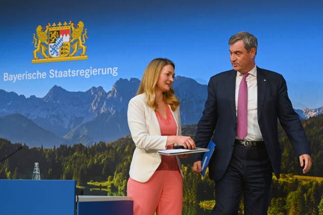 Markus SOEDER (Ministerpraesident Bayern und CSU Vorsitzender), Judith GERLACH (Staatsministerin fuer Gesundheit, Pflege und Praevention), Pressekonferenz der Bayerischen Staatsregierung nach Kabinettssitzung am 21.07.2026 im Prinz Carl Palais in Muenchen. *** Markus SOEDER, Minister-President of Bavaria and CSU Chairman; Judith GERLACH, Minister of State for Health, Long-Term Care, and Prevention; Press conference of the Bavarian State Government following the cabinet meeting on July 21, 2026, at the Prinz Carl Palais in Munich