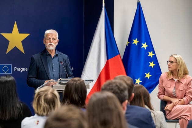Czech President Petr Pavel, left, speaks at the meeting entitled Rule of Law in the Czech Republic, organised by Network for Protection of Democracy, Transparency International and Glopolis on the occasion of release of the European Commission s 2025 report on rule of law, in Prague, Czech Republic, on July 21, 2026. On the right side is seen Representation of European Commission in Czechia head Monika Ladmanova. (CTKxPhoto VitxSimanek) CTKPhotoP2026072104995  CTKPhotoP2026072104995