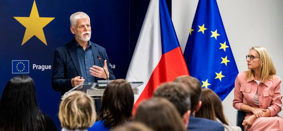 Czech President Petr Pavel, left, speaks at the meeting entitled Rule of Law in the Czech Republic, organised by Network for Protection of Democracy, Transparency International and Glopolis on the occasion of release of the European Commission s 2025 report on rule of law, in Prague, Czech Republic, on July 21, 2026. On the right side is seen Representation of European Commission in Czechia head Monika Ladmanova. (CTKxPhoto VitxSimanek) CTKPhotoP2026072105050  CTKPhotoP2026072105050