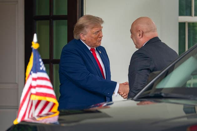 President Donald Trump greets the President of Lebanon Joseph Aoun outside the West Wing of the White House in Washington, DC on Tuesday, July 21, 2026.  WAP20260721302 BONNIExCASH