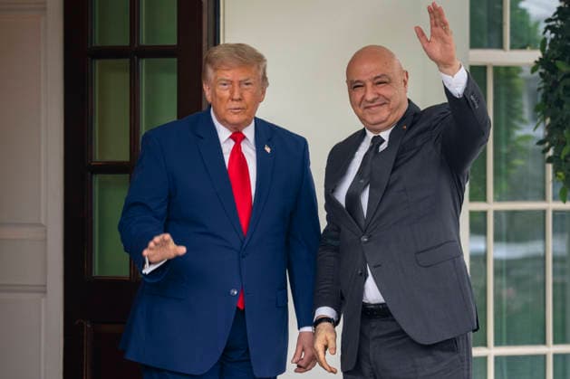 President Donald Trump greets the President of Lebanon Joseph Aoun outside the West Wing of the White House in Washington, DC on Tuesday, July 21, 2026.  WAP20260721305 BONNIExCASH