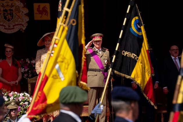 King Philippe - Filip of Belgium pictured during the military and civilian parade on the Belgian National Day, in Brussels, Tuesday 21 July 2026. This parade pays tribute to our Belgium s security and emergency services, such as the army, police, fire brigade or civil protection. MARIUS BURGELMAN  MariusxBurgelman 181690103