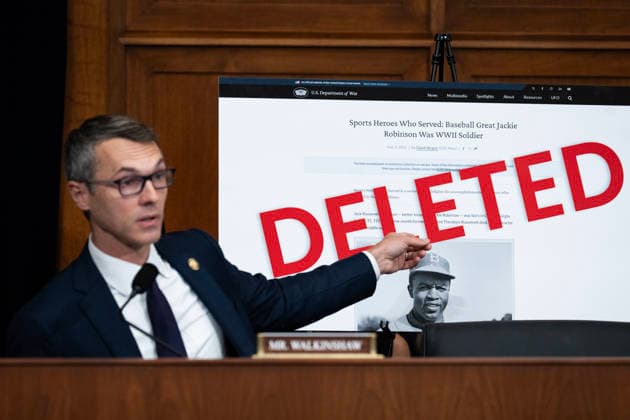 Examining the Smithsonian s Efforts to Reshape the Past UNITED STATES - JULY 21: Rep. James Walkinshaw, D-Va., displays a picture of Jackie Robinson while speaking during the House Oversight and Government Reform Delivering on Government Efficiency Subcommittee hearing titled Rewriting American History: Examining the Smithsonian s Efforts to Reshape the Past, in Rayburn building on Tuesday, July 21, 2026. The Defense Department removed and then restored a webpage on Robinson™s military service. (Tom Williams CQ Roll Call) Washington DC United States EDITORIAL USE ONLY Copyright: x2026xCQ-RollxCall,xInc.x TomxWilliamsx rollcallpix172069