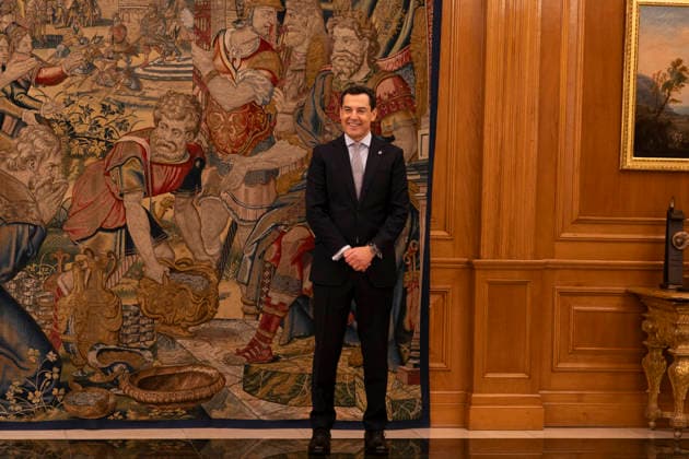 Juan Manuel Moreno Bonilla arrives at Zarzuela Palace for his audience with King Felipe VI. July 21, 2026. (202607211686)