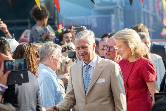 King Philippe - Filip of Belgium and Queen Mathilde of Belgium arrive for the Everyone to the Table initiative by Resto National at Vossenplein - Place du Jeu de Balle, as part of the National Holiday, on Tuesday 21 July 2026 in Brussels.  JONASxROOSENS 181694907