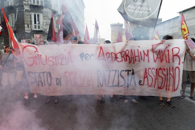 Demonstration in Naples to demand justice and truth after the death of Abderrahim Fakir NAPLES, ITALY - JULY 21: People gather during a demonstration to demand justice and truth for Abderrahim Fakir who died in circumstances yet to be clarified on Naples, Italy on July 21, 2026. Abderrahim Fakir, a 42-year-old man of Moroccan origin, died after being stopped and then pinned to the ground by two police officers on July 19, 2026 in Bologna. In a video, he can be heard screaming, Help, enough! . Iso Ekle Anadolu Naples Italy. Editorial use only. Please get in touch for any other usage.  Copyright: x2026xAnadoluxIsoxEklex